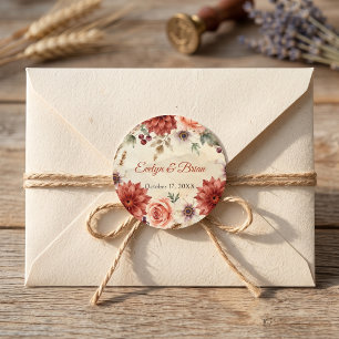 Adesivo Redondo Casamento Floral Boho de Terracota Laranja Queimad