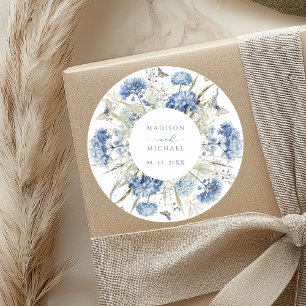 Adesivo Redondo Casamento Floral Boho Flor de Campo Azul Empoeirad