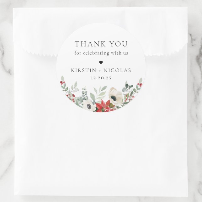 Adesivo Redondo Casamento Floral Botânico De Inverno Obrigado (Bolsa)