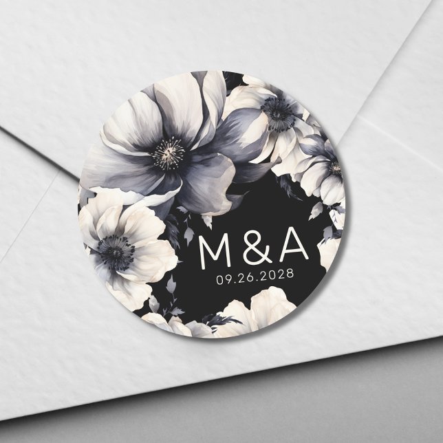 Adesivo Redondo Casamento Floral Branca Negra Elegante (Elegant Modern Chic Floral Black White Wedding Classic Round Sticker)