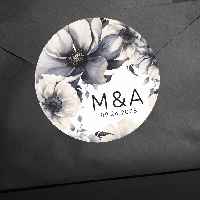 Adesivo Redondo Casamento Floral Branca Negra-Negra-Elegante Moder (Modern Elegant Boho Floral Black White Wedding Classic Round Sticker)