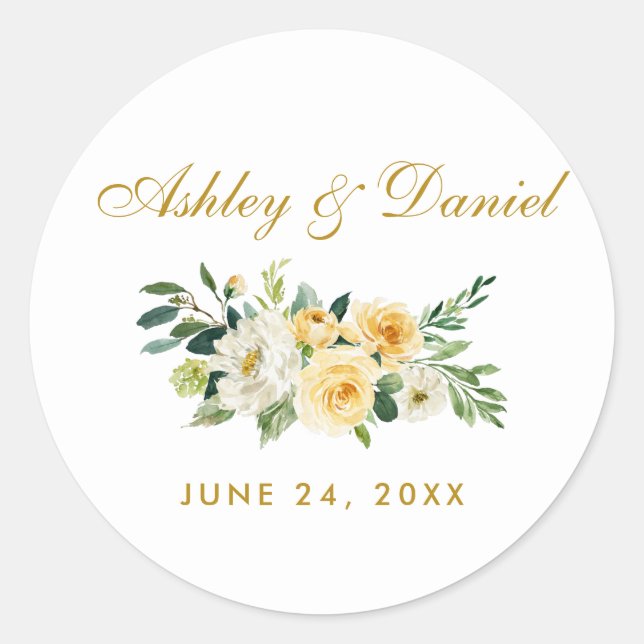 Adesivo Redondo Casamento Floral Branco Dourado Amarelo-Amarelo (Frente)