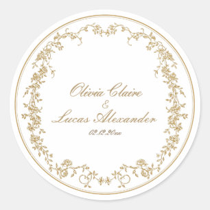 Adesivo Redondo Casamento Floral Branco e Dourado Chic Real
