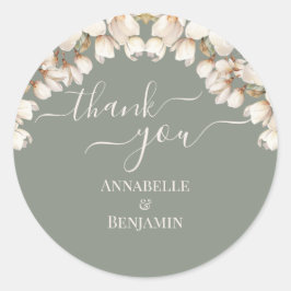 Adesivo Redondo Casamento Floral Branco e Verde Sage