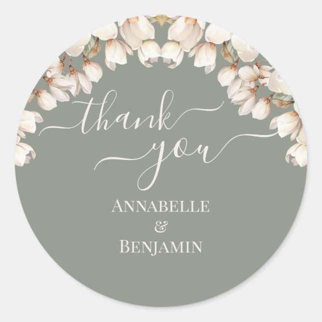 Adesivo Redondo Casamento Floral Branco e Verde Sage (Frente)