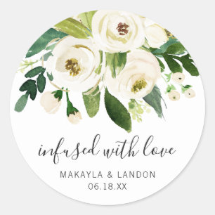 Adesivo Redondo Casamento Floral Branco Elegante Com Amor