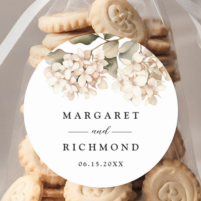 Adesivo Redondo Casamento Floral Branco Elegante Hydrangea (Criador carregado)