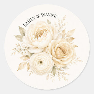 Adesivo Redondo Casamento Floral Branco Marfim e Champagne Pérola