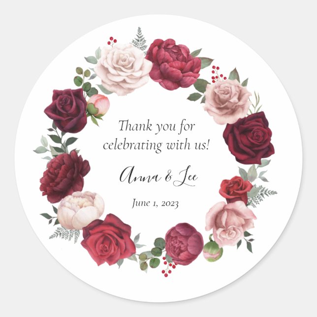 Adesivo Redondo Casamento Floral Burgundy Blush Obrigado Stickers (Frente)