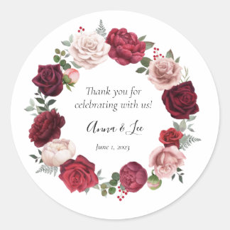 Adesivo Redondo Casamento Floral Burgundy Blush Obrigado Stickers
