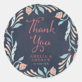 Adesivo Redondo Casamento Floral Chalkboard Bluish Obrigado