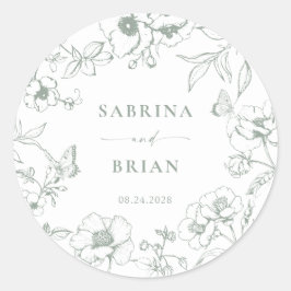 Adesivo Redondo Casamento Floral Clássico Elegante Sage Green