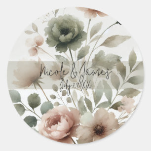 Adesivo Redondo Casamento Floral com Aquarela em Oliva e Rosa Desb