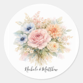 Adesivo Redondo Casamento Floral com Aquarela Suave