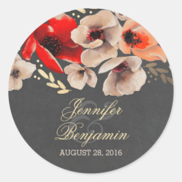 Adesivo Redondo casamento floral com chalkboard e ouro