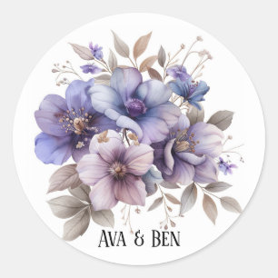 Adesivo Redondo Casamento Floral com Cor de Água Púrpura e Azul