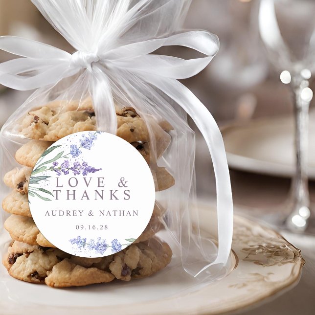 Adesivo Redondo Casamento Floral com Lavanda de Aquarela Obrigado (Watercolor Lavender Floral Wedding Thank You Classic Round Sticker)