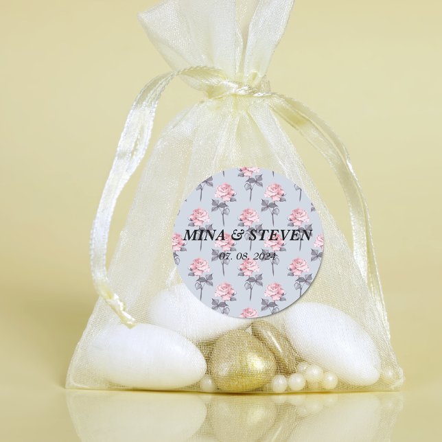 Adesivo Redondo Casamento Floral Cor-de-Rosa Azul Moderno (Criador carregado)