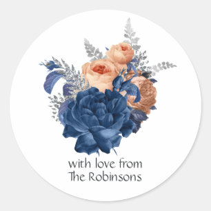Adesivo Redondo Casamento Floral Coral, Azul Marinho e Prata