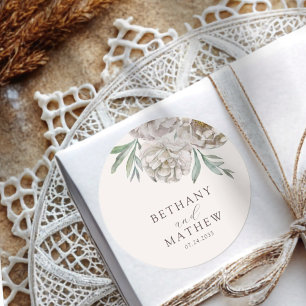 Adesivo Redondo Casamento Floral Creme Boho e Branco