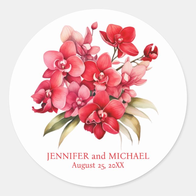 Adesivo Redondo Casamento Floral das Orquídeas Vermelhas (Frente)
