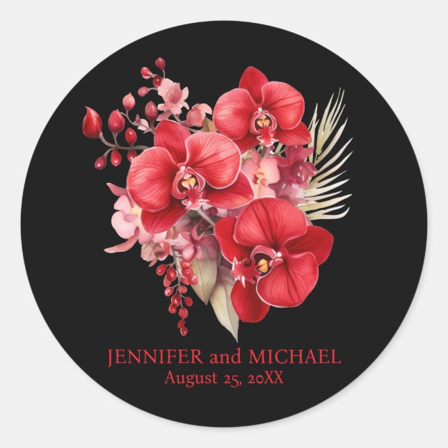 Adesivo Redondo Casamento Floral das Orquídeas Vermelhas (Frente)