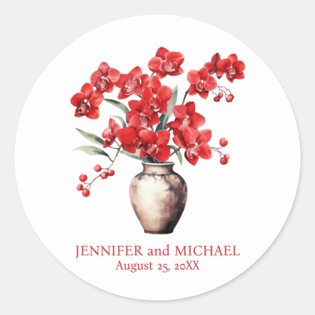 Adesivo Redondo Casamento Floral das Orquídeas Vermelhas (Frente)