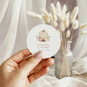 Adesivo Redondo Casamento Floral de Abóbora Branca Roxo e Terracot