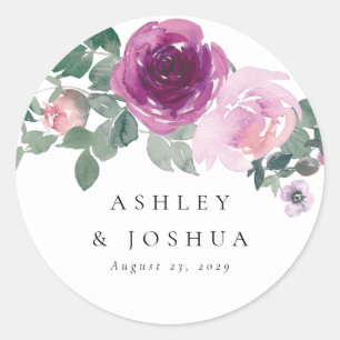 Adesivo Redondo Casamento Floral de Aquarela com Toque Magenta