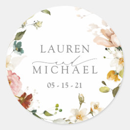 Adesivo Redondo Casamento Floral de Aquarela das Flores de Jardim