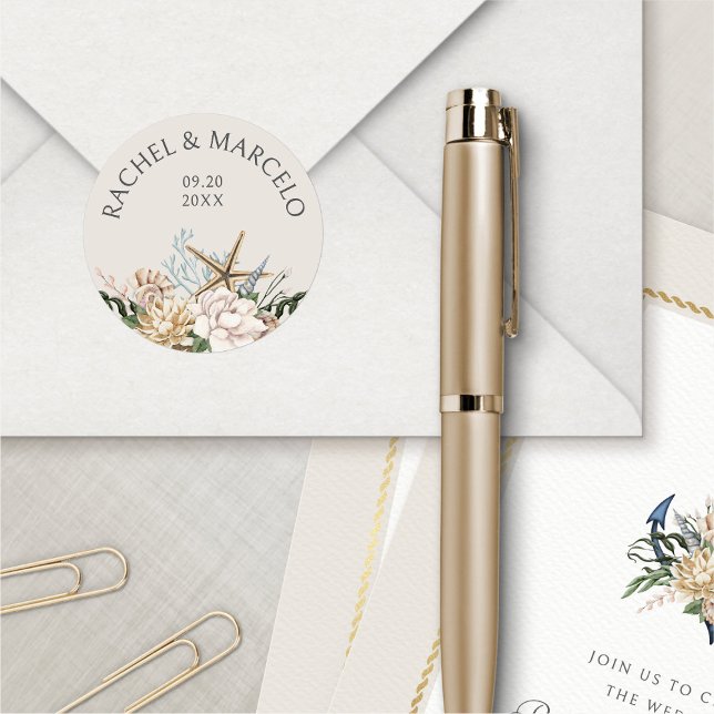 Adesivo Redondo Casamento Floral de Beach Seashells (Criador carregado)