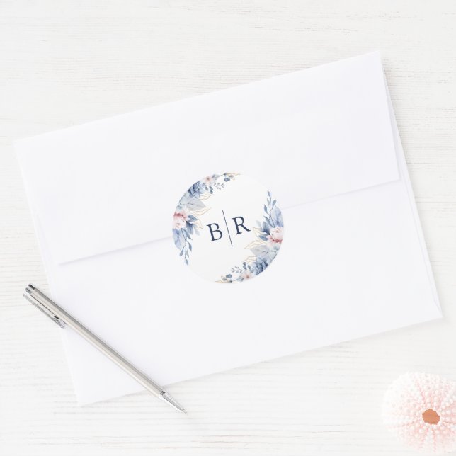 Adesivo Redondo Casamento Floral de Cor Azul Elegante (Envelope)