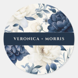 Adesivo Redondo Casamento floral de cor azul-marinho Dusty e branc