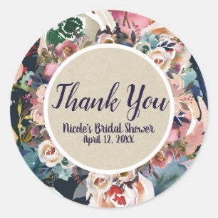 Adesivo Redondo Casamento Floral de Cor de Água Rosa e Azul Escuro