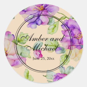 Adesivo Redondo Casamento floral de cor-de-água roxa-rosa-Elegante