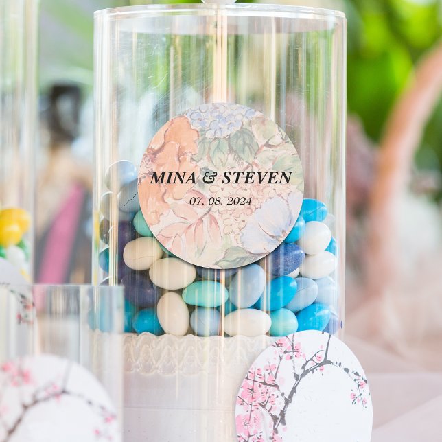 Adesivo Redondo Casamento floral de cor laranja russa (Criador carregado)