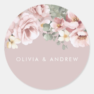 Adesivo Redondo Casamento Floral de Dusty Pink Watercolor