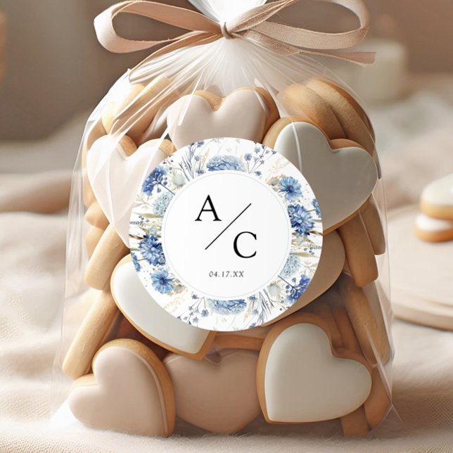 Adesivo Redondo Casamento Floral de Flores Aquáticas Azuis Elegant (Criador carregado)