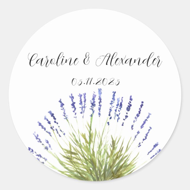 Adesivo Redondo Casamento Floral de Herbos de Lavanda de Aquarela  (Frente)