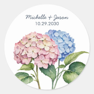 Adesivo Redondo Casamento Floral de Hortênsia em Aquarela Elegante