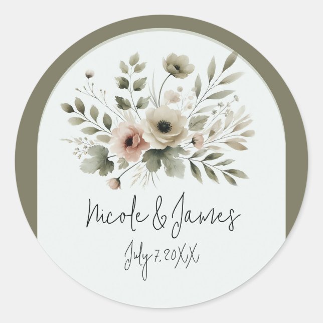 Adesivo Redondo Casamento Floral de Khaki Olive Green (Frente)
