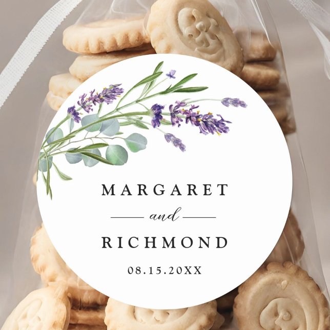 Adesivo Redondo Casamento Floral de Lavanda Rústica Com Aquarela (Criador carregado)