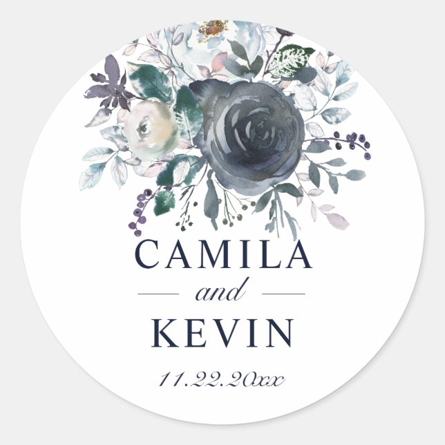Adesivo Redondo Casamento Floral de Marinho Azul de Aquarela (Frente)
