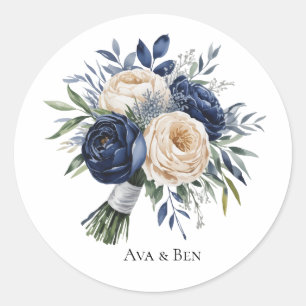 Adesivo Redondo Casamento Floral de marinho Azul e Marfim