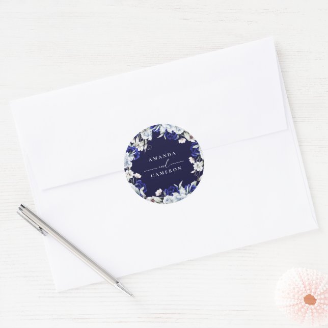Adesivo Redondo Casamento Floral de Marinho Azul Elegante (Envelope)
