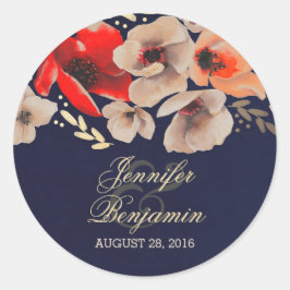 Adesivo Redondo Casamento floral de marinho e ouro
