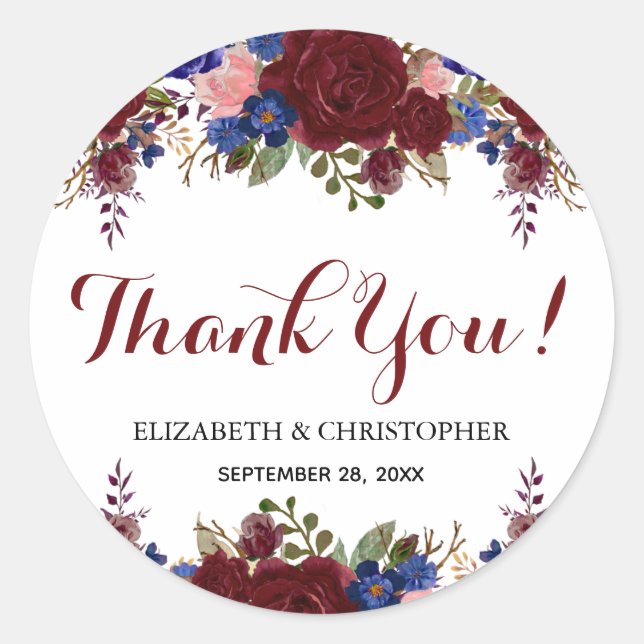 Adesivo Redondo Casamento Floral De Marsala Marinho Obrigado (Frente)