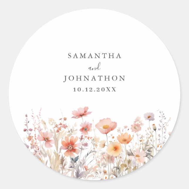 Adesivo Redondo Casamento Floral de Peach Wildflower (Frente)