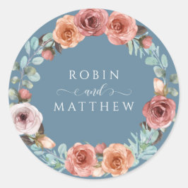Adesivo Redondo Casamento Floral De Pêssego Eetal Azul, Blush
