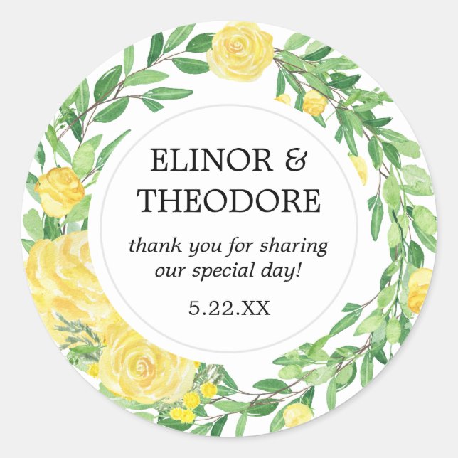 Adesivo Redondo Casamento Floral De Rosa Amarela Obrigado (Frente)
